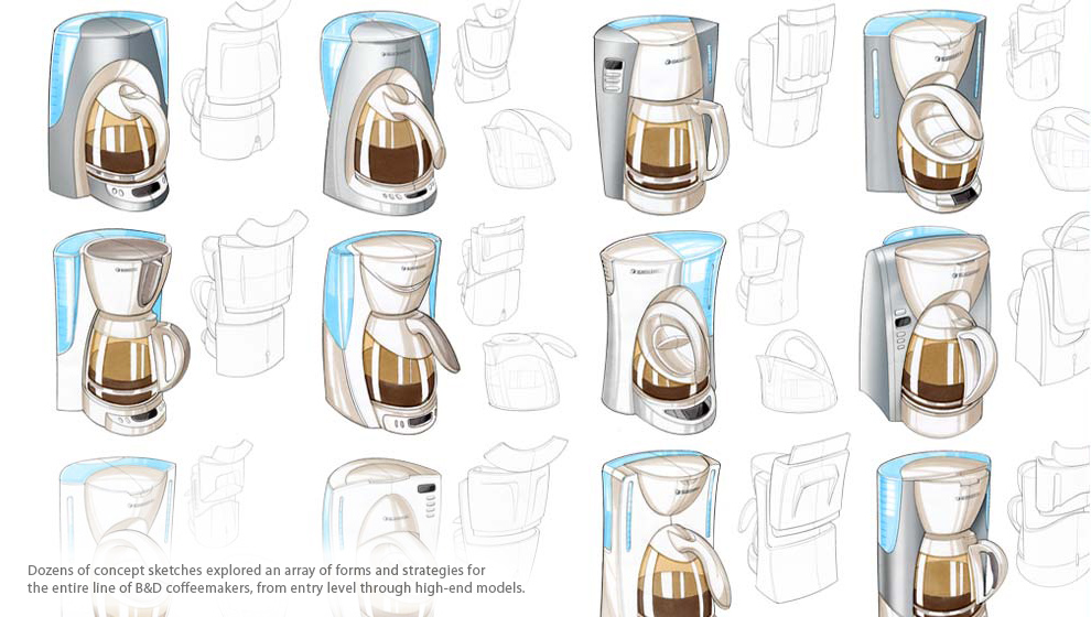 Hand sketched concepts of several Black and Decker coffeemakers